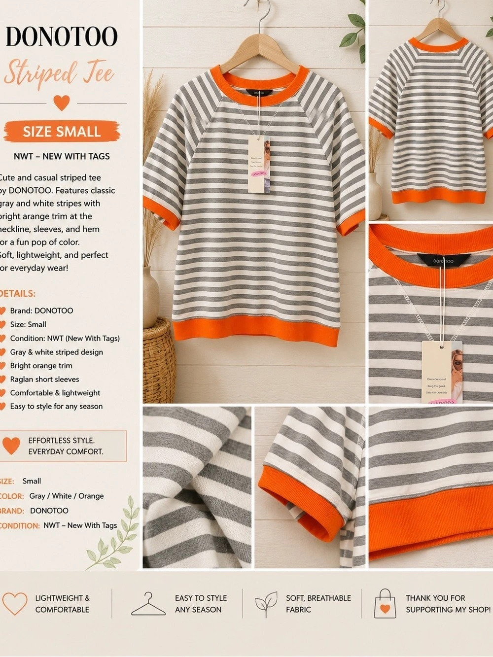 DONO TOO Striped Tee Short Sleeve Gray & Orange Small NWT